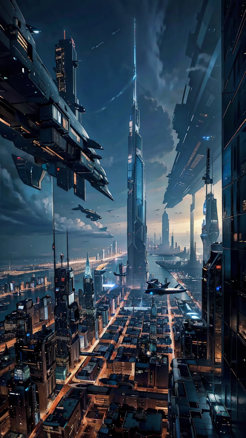 Night view seen from an airplane,future city:1.3,port,flying spaceship,skyscraper,master piece,highest quality,ultra high resolution,(Super detailed:1.2),8K,photorealistic,best aesthetic,beautiful