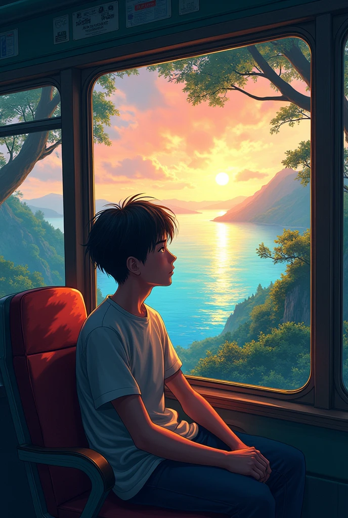 The careless boy age 23  sit in bus and seeing the outside to the window form bus in high altitude point mountain view sunet realistic Anime jungle and sea
