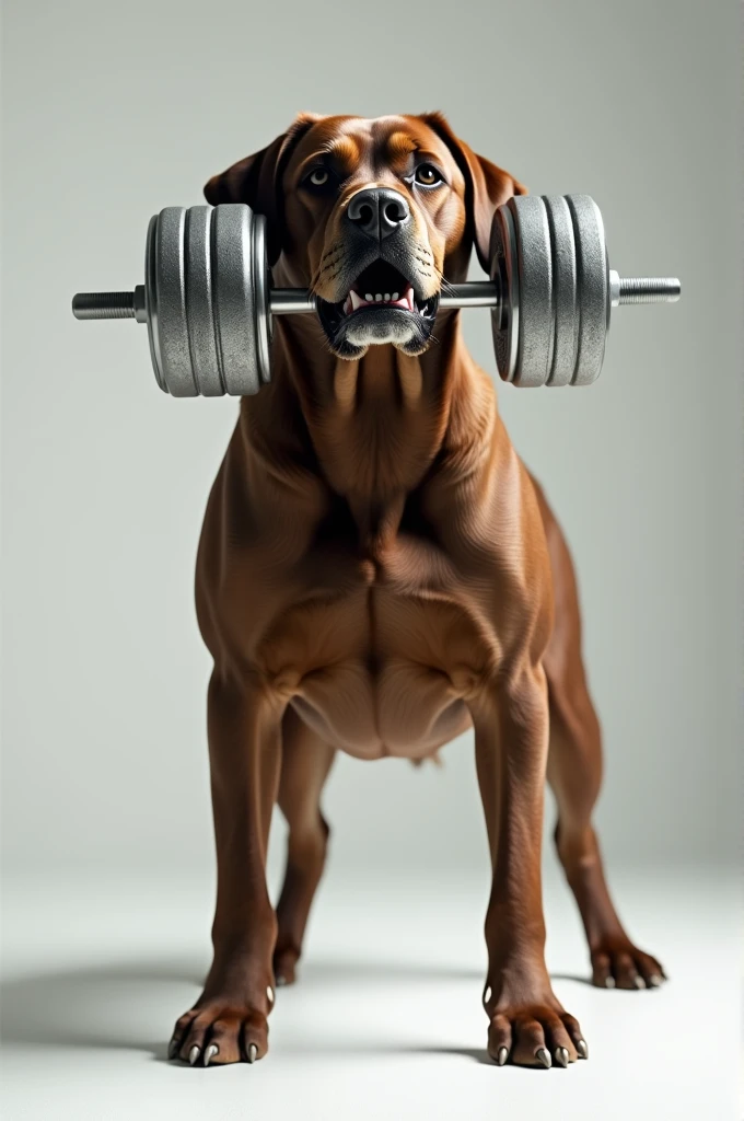 A dog holding a dumble