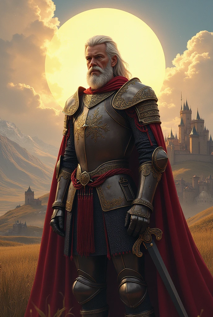 Create an image of MIO CID that portrays a medieval military hero who prefers justice and moderation over revenge, being wise and a model of righteousness.