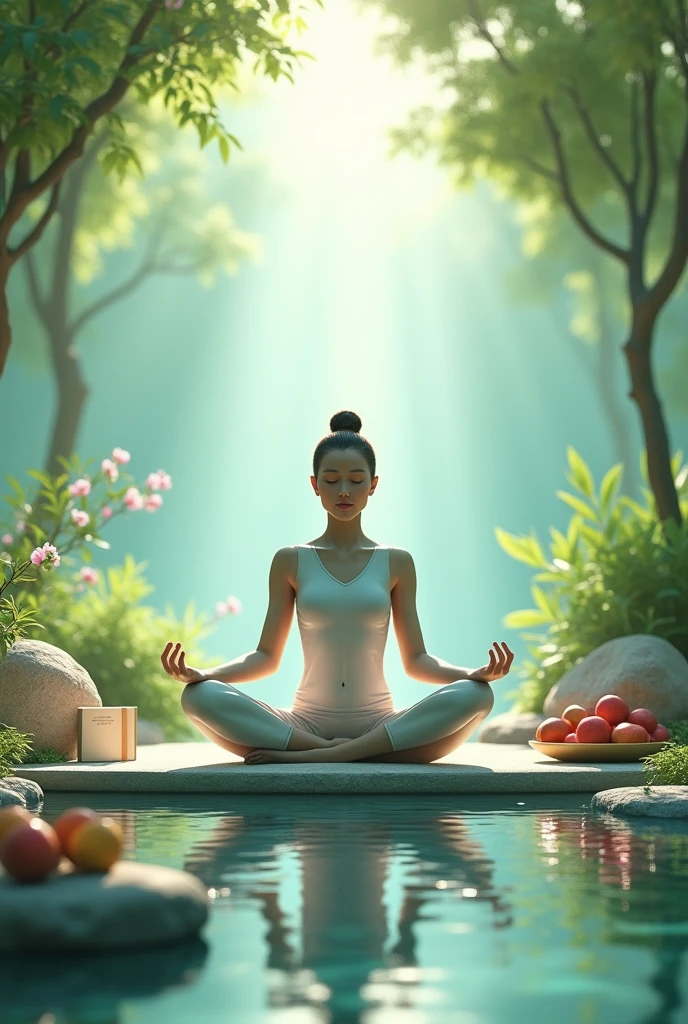 Create a realistic, photorealistic image that captures the essence of holistic health care. Show a person in a serene, natural environment, surrounded by elements that represent different aspects of well-being. The person could be practicing meditation or yoga in an outdoor space, with trees and flowers around them. Include subtle icons of mental, physical, and spiritual health, such as a self-help book, a bowl of fresh fruits, and a small water fountain to symbolize clarity and purification. The color palette should be soft and calming, with shades of green, blue, and lilac, conveying a sense of balance and harmony.