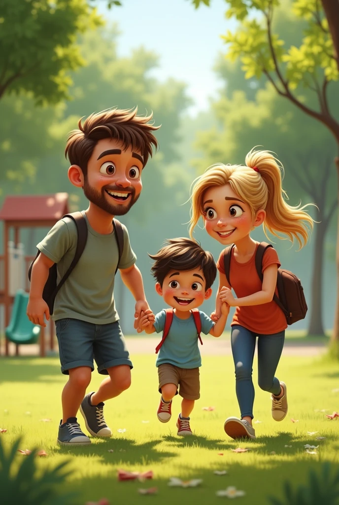 A candid, realistic photograph of a family of four playing together in a park on a sunny day. The father, in his late 30s, has short brown hair with a few strands of gray, slight stubble, and faint wrinkles around his eyes. The mother, in her mid-30s, has wavy blonde hair tied back loosely, with visible freckles and a natural, slightly tired appearance. The young boy, around , has messy dark hair, a playful grin, and slightly dirty clothes from playing. The , about , has curly hair, a slightly smudged face, and an excited expression. The family is interacting naturally, with the parents smiling warmly as the children run around. The park is green with scattered trees, a simple playground in the background, and sunlight casting soft, realistic shadows. Skin textures should include visible pores, slight imperfections, and a natural, unpolished look. The overall photo should avoid any cartoonish features, focusing on lifelike details and a natural, everyday family scene.