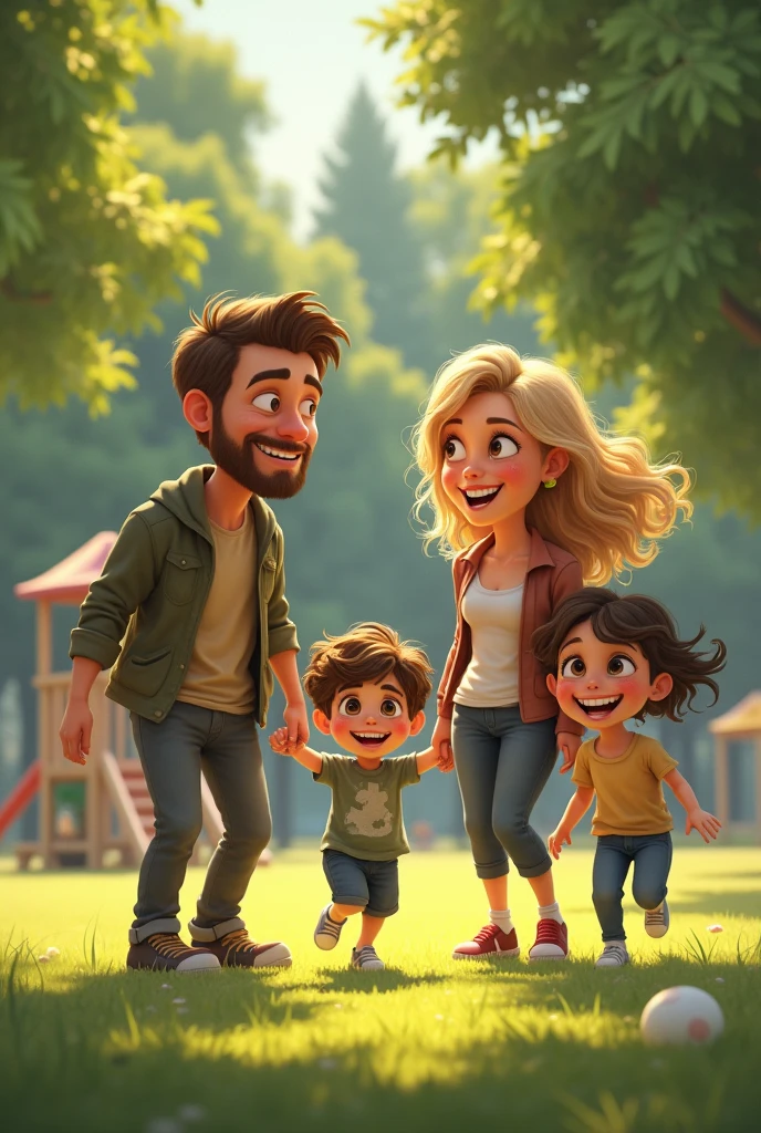 A candid, realistic photograph of a family of four playing together in a park on a sunny day. The father, in his late 30s, has short brown hair with a few strands of gray, slight stubble, and faint wrinkles around his eyes. The mother, in her mid-30s, has wavy blonde hair tied back loosely, with visible freckles and a natural, slightly tired appearance. The young boy, around , has messy dark hair, a playful grin, and slightly dirty clothes from playing. The , about , has curly hair, a slightly smudged face, and an excited expression. The family is interacting naturally, with the parents smiling warmly as the children run around. The park is green with scattered trees, a simple playground in the background, and sunlight casting soft, realistic shadows. Skin textures should include visible pores, slight imperfections, and a natural, unpolished look. The overall photo should avoid any cartoonish features, focusing on lifelike details and a natural, everyday family scene.