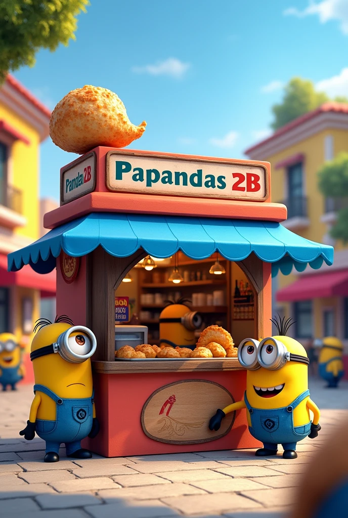 Empanada stand with a blue square awning with minions and a sign that says PANADAS 2B