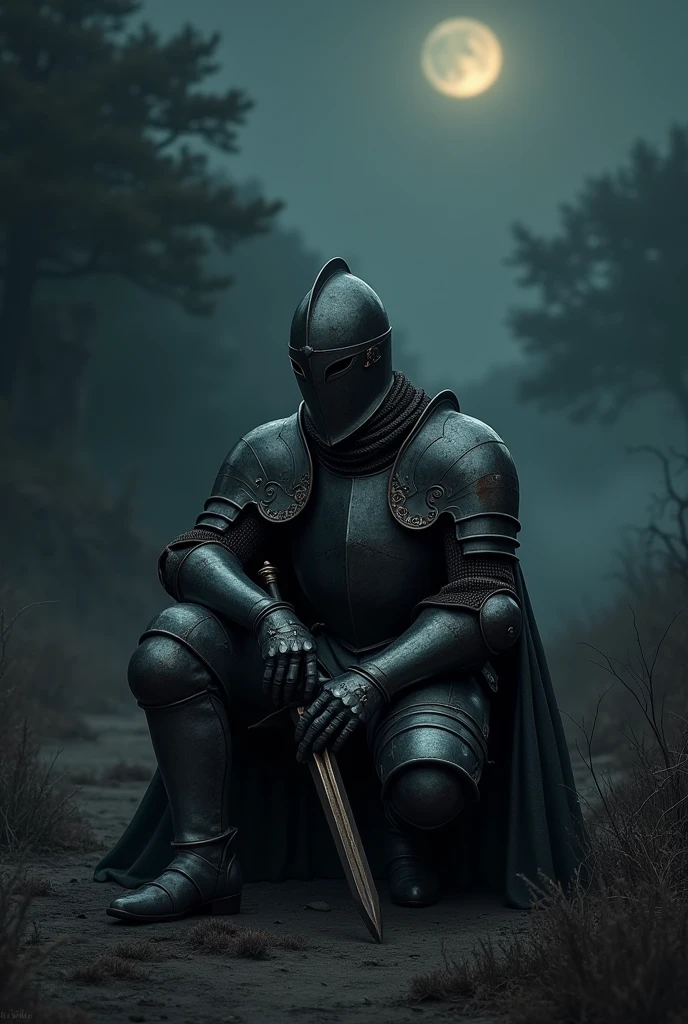 Asthetic old armour single men sitting on the floor in dark night with a sword