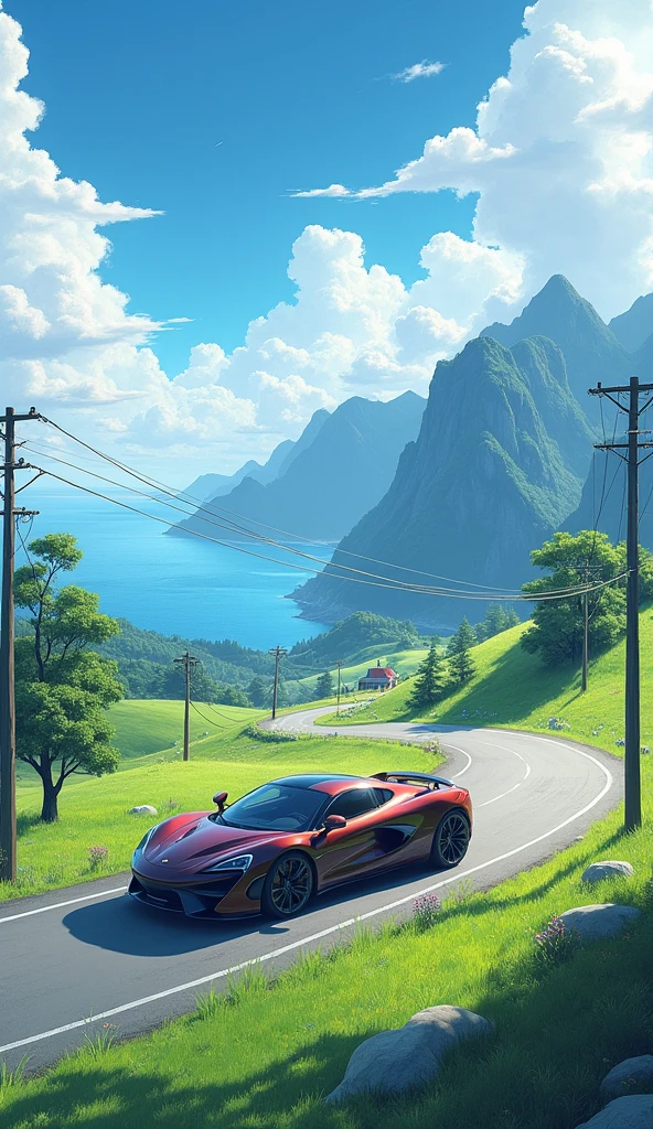 motor_vehicle, ground_vehicle, car, outdoors, cloud, no_humans, road, scenery, sky, power_lines, vehicle_focus, utility_pole, day, ocean, blue_sky, mountain, horizon, grass, cloudy_sky, shadow, mountainous_horizon, summer, house