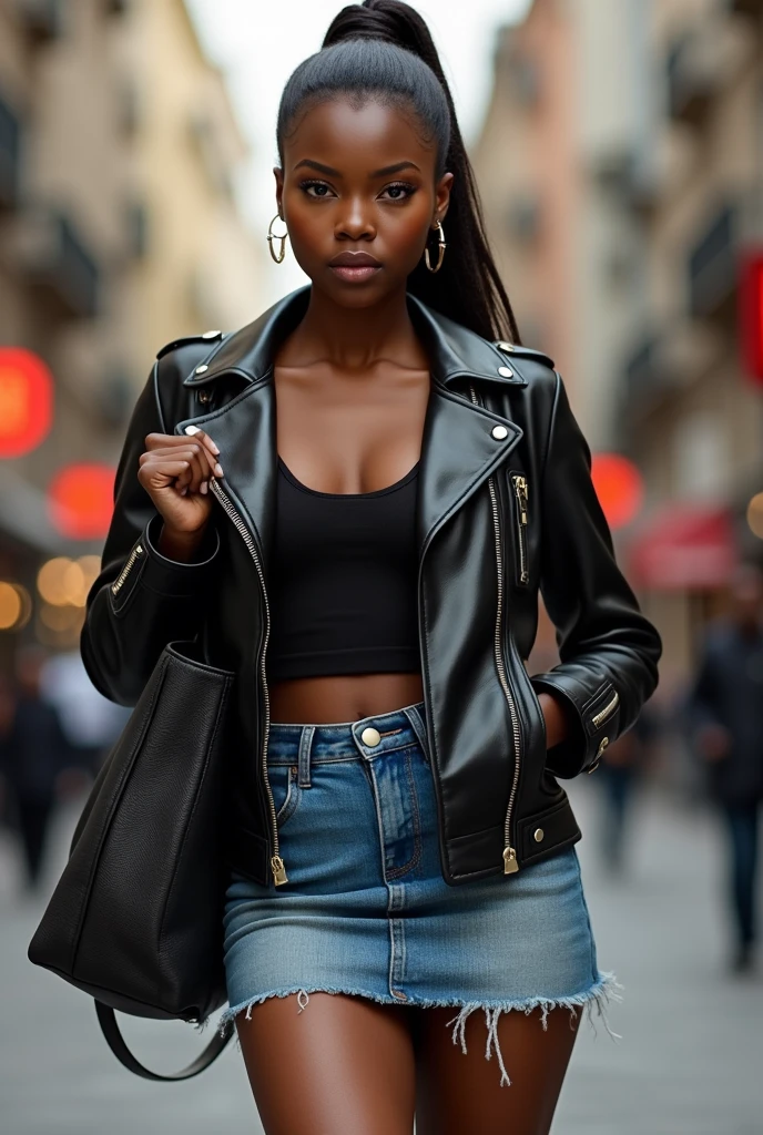 Fille africaine cheveux attaché veste cuir mini short jean grand sac a main