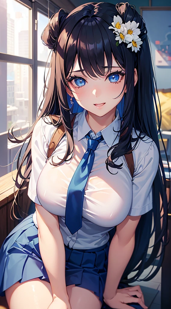 ((Berry Short, Highest quality, High resolution, Hmph, Pixel perfect, 4K, Hmph, Hmph))), One Girl, single, alone, Beauty、 (( Black Hair、bangs)), ((Big blue eyes, Beautiful eyelashes, Realistic eyes、Double)), ((Detailed smile, )), ((Smooth texture:0.75, Realistic texture:0.65, Realistic:1.1, Anime CG style)), Big Breasts, Perfect body, school uniform、skirt、tie