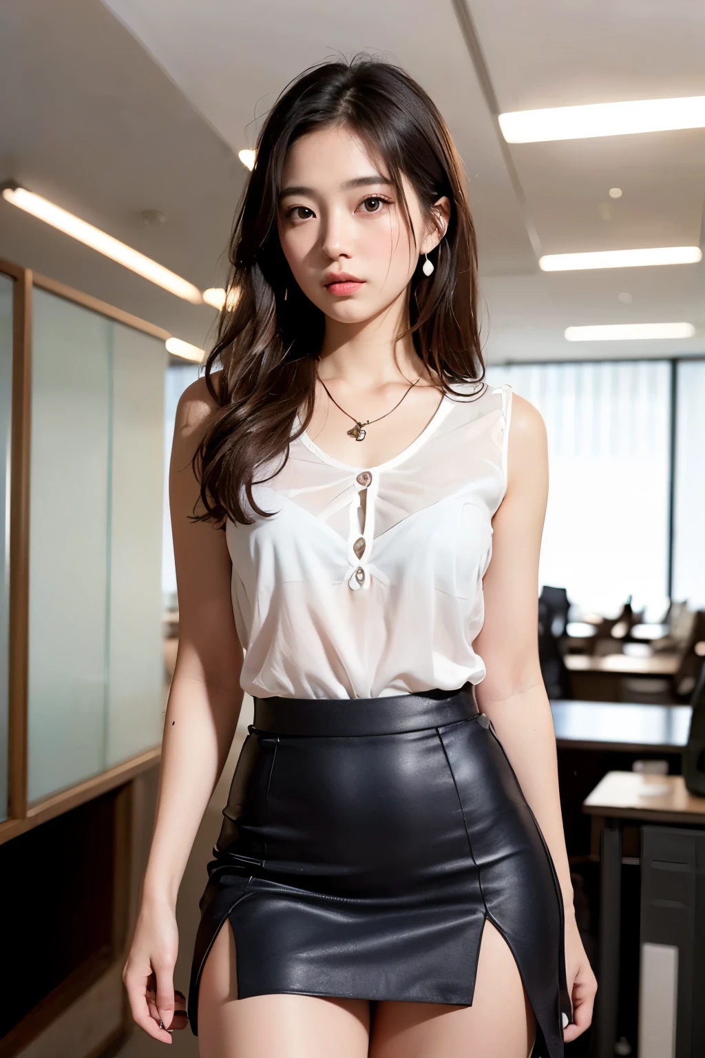 ((Realistic Sunlight, 8k, Best Quality, Masterpiece: 1.5, Illustration, Ultra-detailed, finely detail, high resolution, 8K Wallpaper, Perfect dynamic composition, Beautiful detailed eyes)), ((deep slit skirt:1.8)), Natural Color Lip, (office:2.0),24 years girl, shiny sweaty skin:1.4, ((beautiful detailed face and eyes:1.5)),((Highly detailed face and skin texture, Highly detailed lip texture, Raw Photo)), (Very Delicate and Cute Japanese Girl:1.5), (1 girl), Perfect Style, necklace, earrings, realistic shadows, from behind, (focus on sexy thighs:1.5)