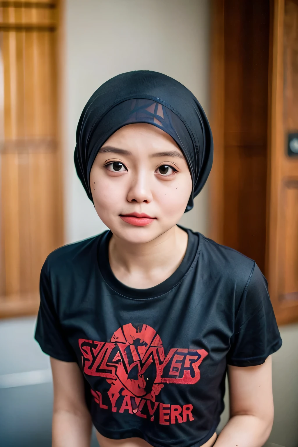 ((CROPPED SLAYER TSHIRT:1.49)), HIJAB GIRL STYLISH & ((WEARING HOTPANTS)), masutepiece, High quality, UHD 32K, Realistic face, Realistic skin feeling , A Japanese Lady, 5 matured lady, , Very cute and baby-like face, (((FLAT CHEST))), (Night time at forest), ((look In front at the camera and SADNESS)), (((CUTE GIRL))),