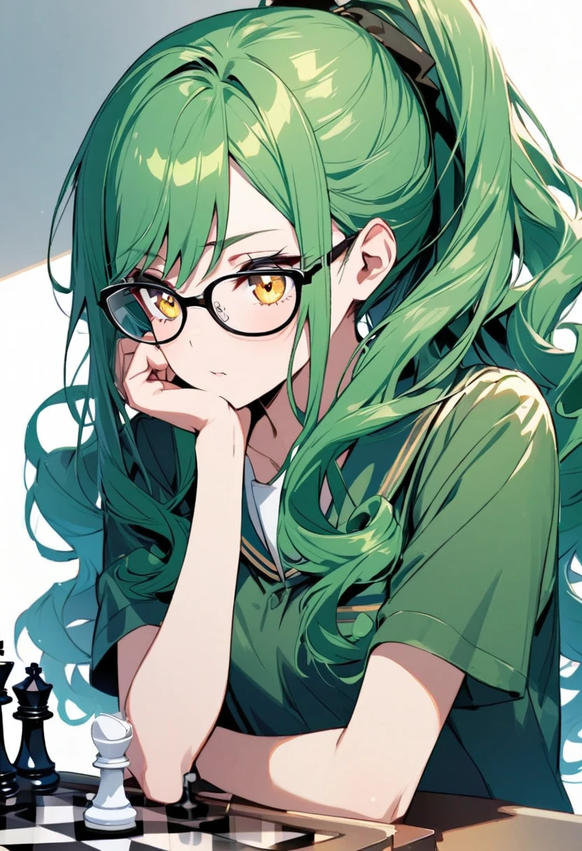 girl, teenager, school girl, thinking, curly hair, long hair, green hair, yellow eyes, glasses, ponytail, front face, playing chess, beautiful color, beautiful eyes, high detail, arms crossed