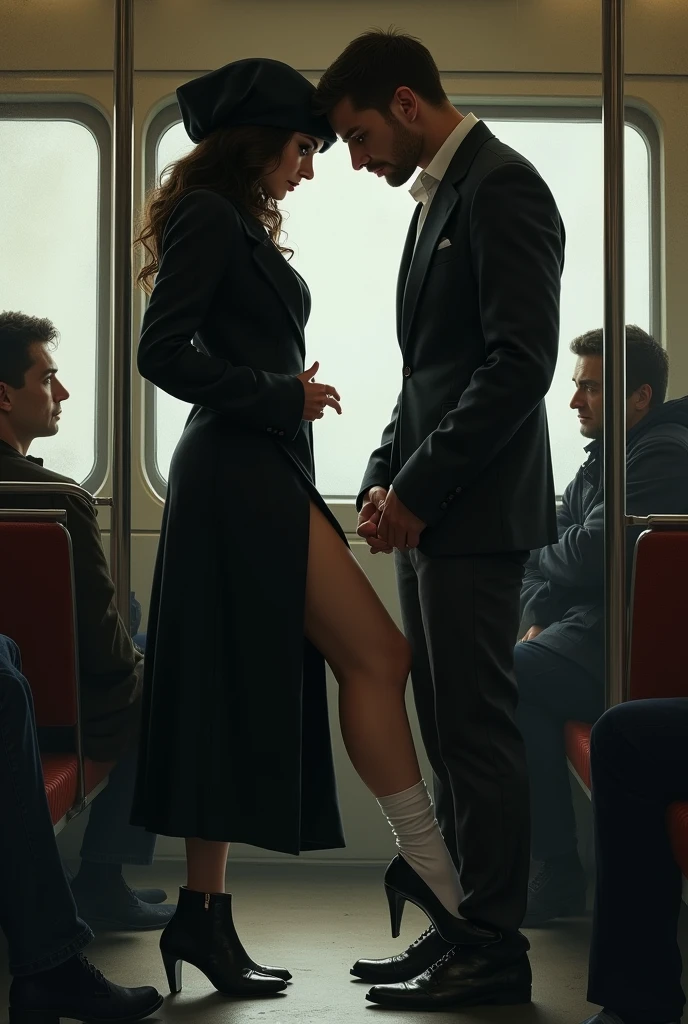 Black long coat and headscarf , white socks,  Sexy skinny woman touches the front of the man&#39;s pants with her foot on the bus. 