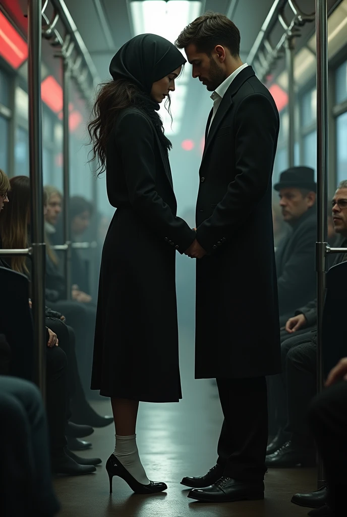 Black long coat and headscarf , white socks,  Sexy skinny woman touches the front of the man&#39;s pants with her foot on the bus. 