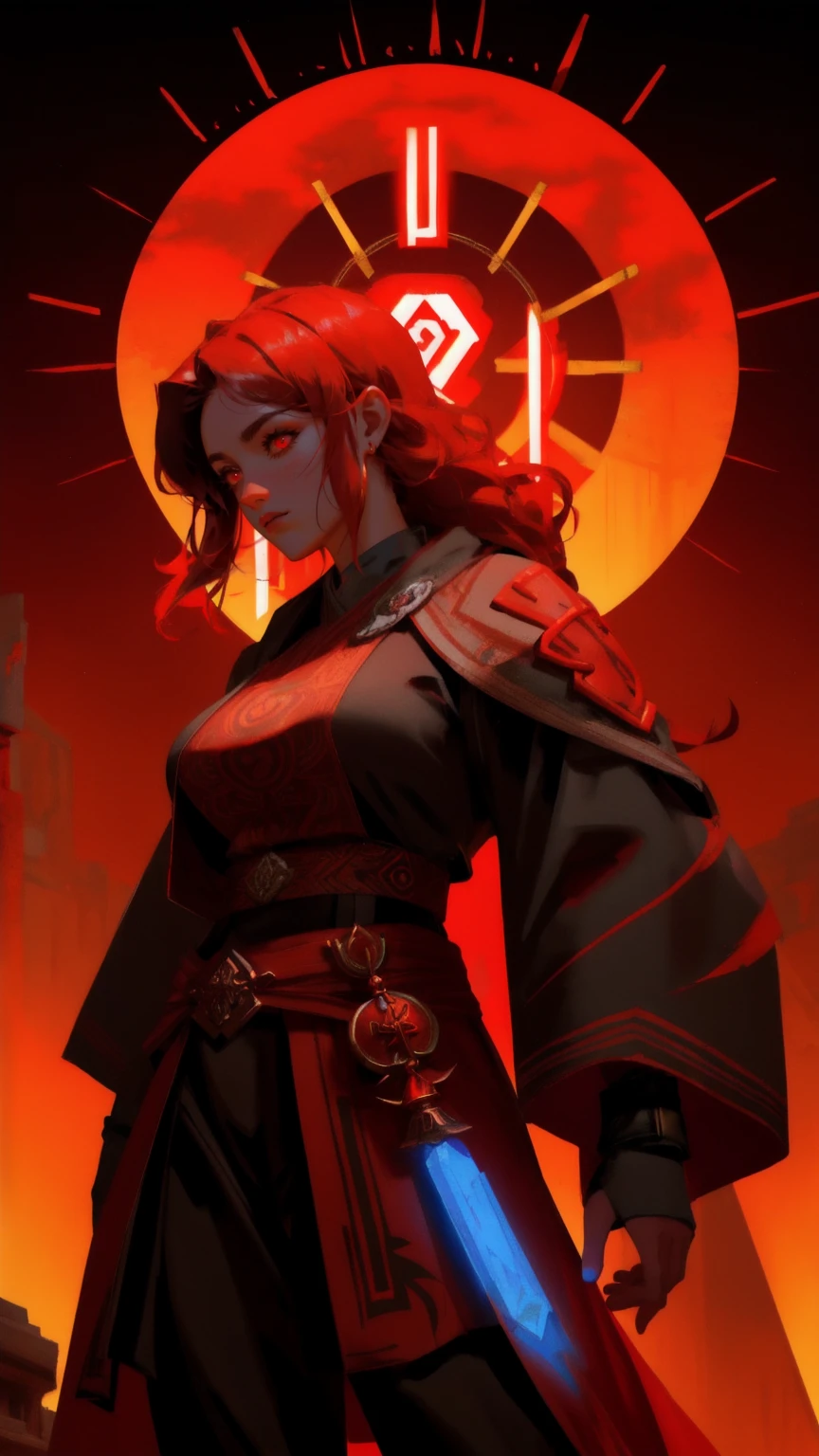 Create an intense artwork featuring a gigantic ape with mystical red eyes, set against a backdrop of an ancient temple with glowing runes. Include a brave female warrior in the foreground, her outfit echoing the temple's mystical style, all in a fiery red color palette.