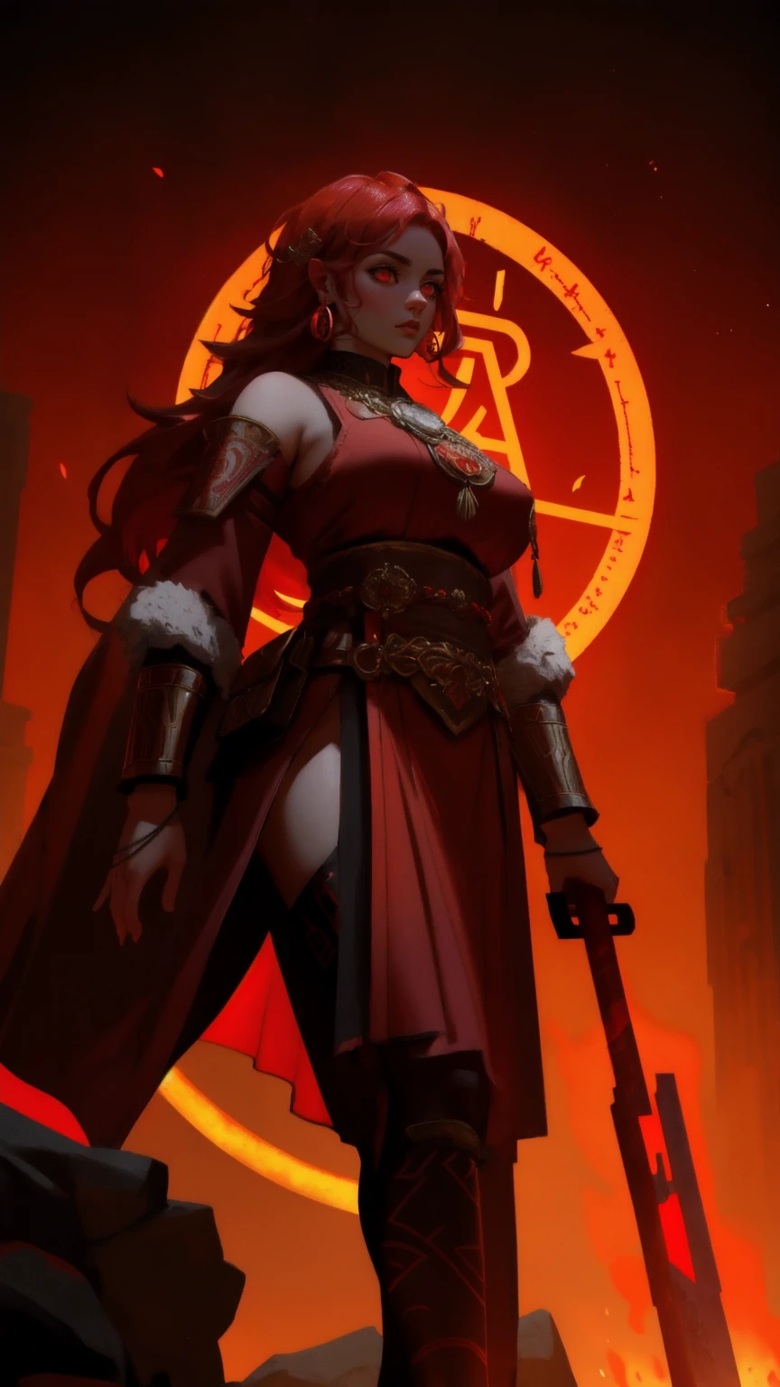 Create an intense artwork featuring a gigantic ape with mystical red eyes, set against a backdrop of an ancient temple with glowing runes. Include a brave female warrior in the foreground, her outfit echoing the temple's mystical style, all in a fiery red color palette.
