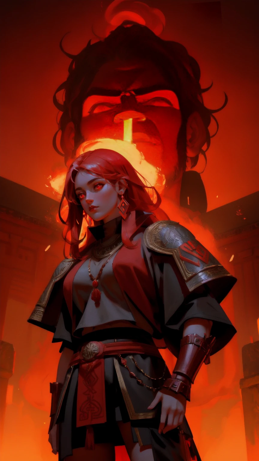 Create an intense artwork featuring a gigantic ape with mystical red eyes, set against a backdrop of an ancient temple with glowing runes. Include a brave female warrior in the foreground, her outfit echoing the temple's mystical style, all in a fiery red color palette.