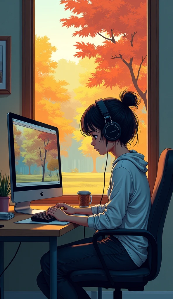 A girl sitting at a desk using a computer、,Wearing headphones、Looks boring、Outside the window is a park. autumn. autumn. Adrian Jeanie style, Try Andrews, Aesthetics 90s Anime.
