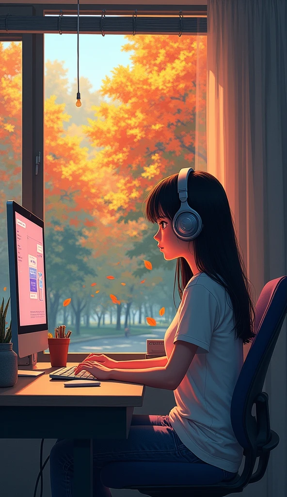 A girl sitting at a desk using a computer、,Wearing headphones、Looks boring、Outside the window is a park. autumn. autumn. Adrian Jeanie style, Try Andrews, Aesthetics 90s Anime.