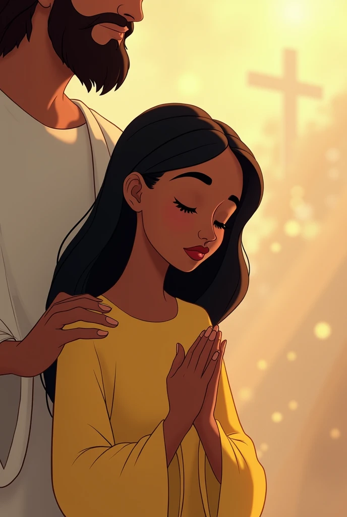 Disney-style drawing of a black woman with straight hair, with a yellow shirt, praying with Jesus by the side drawing