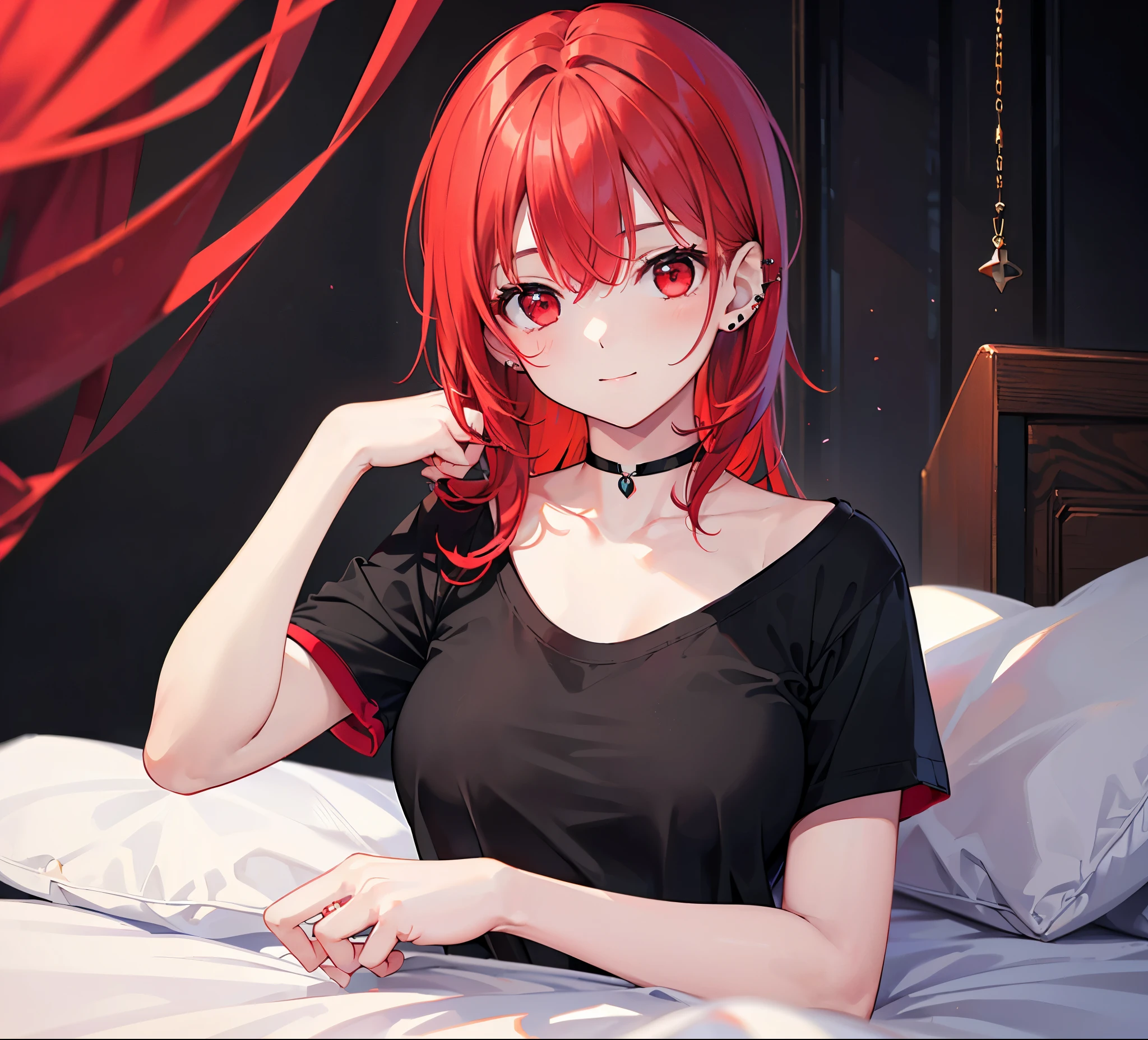 Realistic,Highest quality, Ultra Detail, High-quality CG rendering, The most delicate and beautiful, Floating softly, High resolution, (1 girl), (Highest quality,4K,8k,masterpiece:1.2),(Bright Red Hair:1.5), (semi-long:1.5),(Red eyes:1.5),(Slightly larger breasts:1.2),(Black oversized short sleeve t-shirt:1.5),(Piercing in left ear:1.3),Inside the room,smile,bed,(bedに座っている:1.3),(Pitch black choker:1.5)
