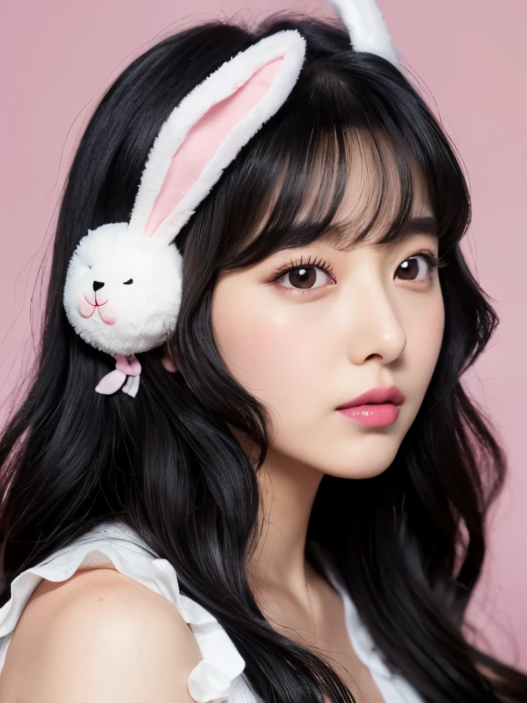 Kim Jenni with black hair, light black hair, with curls, with a bunny clip in her dark black hair, brown eyes, beautiful eyes,pretty, upturned nose, pretty lips, pastel pink lips, Cupid's heart shaped lips, pale white skin, pretty skin, skin with all pink, with freckles and moles all over the body, pink natural makeup, suave blush, with a necklace around his neck, Skinny body, (big breasts, soft breasts, Beautifuls breasts), while wearing a loose shirt with prints, loose shirt, con una falda larga black color, boonita skirt with fabric, black color, Looking to the camera