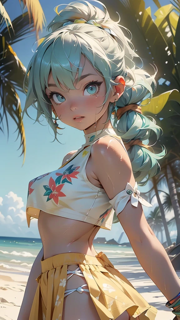 cute ,(((little ,small tiny body,petite,chibi))),((())),((little with extremely cute and beautiful aqua hair)),(baby face),ce),
(((flat chest))),(((aqua hair:1.5,long aqua hair,ponytail,colored inner hair,ear breathing,))),((heterochromia:1.5, (aqua_eye and yellow_eye))),intricate eyes,beautiful detailed eyes,symmetrical eyes,big eyes:1.5,(((lustrous skin:1.5,bright skin: 1.5,skin tanned,shiny skin,very shiny skin,shiny body,plastic glitter skin,exaggerated shiny skin,illuminated skin,wet legs))),(detailed body,(detailed face)),
cute,slutty,erotic,((nsfw)),
zettai ryouiki,(revealing clothing,show skin),((sideboob)),(barefoot,),(((breast curtain,low rise mini skirt,high cut thong))),((colorful clothes, clothes in neon colors)),((wet clothes,intricate outfit,intricate clothes)),
(dynamic pose:1.0),solo focus,embarrassed,(centered,scale to fit dimensions,Rule of thirds),
outdoor,((beach rave party)),scenery:1.25,((intricate scenery)),((beach rave party background)),beach rave party atmosphere,Summer beach party,sand,beach party behind,harmonized orange sunset adding to the atmosphere of a summer beach party,beach party atmosphere,Boom festival,European rave,Cytorance festival,time golden,Ozora festival,sea,horizon,palm,palm trees,Christmas lights,
(Glossy rave ornaments),highres,sharp focus,(ultra detailed,extremely detailed),(photorealistic artwork:1.37),(extremely detailed CG unity 8k wallpaper),(((vibrant colors,vibrant theme))),(intricate),(masterpiece),(best quality),artistic photography,(photography taken by sldr),(intricate background),perfect rendered face,perfect face details,realistic face,photo realistic,((intricate detail)),(((realism))),