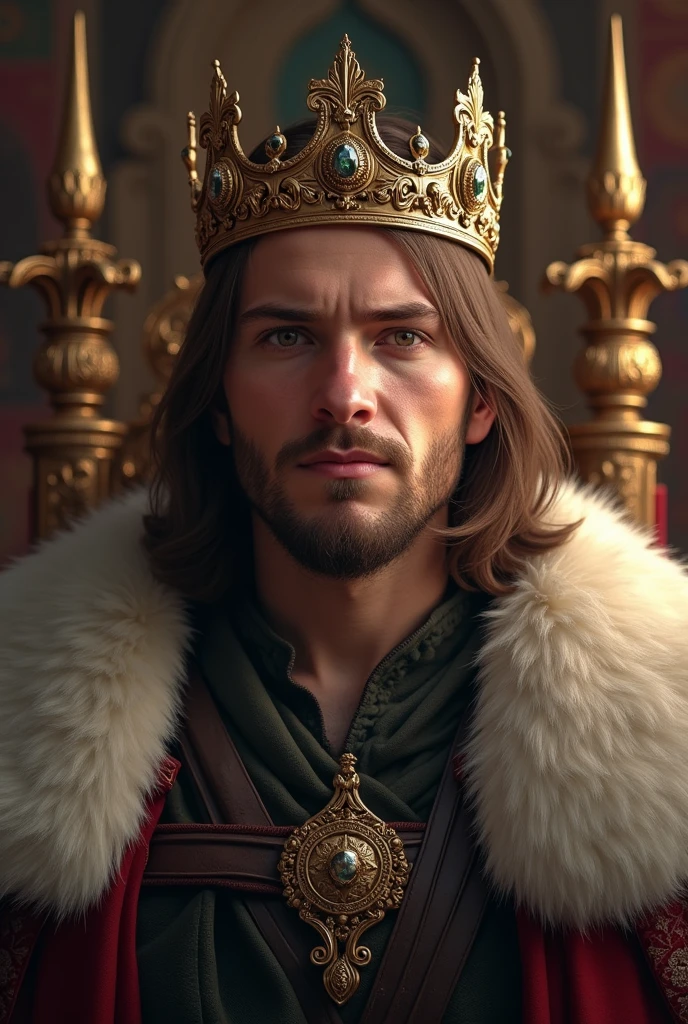 Nordic man with medium brown straight hair, with a crown, declared king