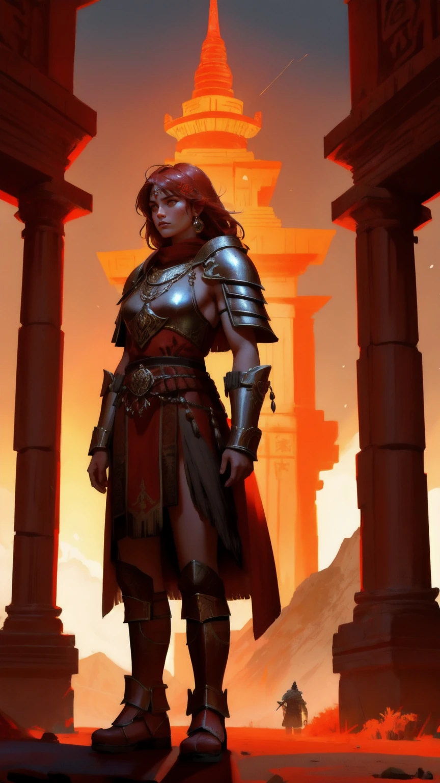 Illustrate a powerful scene with a massive, tribal-themed ape as the central figure, surrounded by an ancient, rune-covered temple environment. Add a small, fierce girl warrior in the foreground, dressed in red armor that matches the mystical aura of the setting.