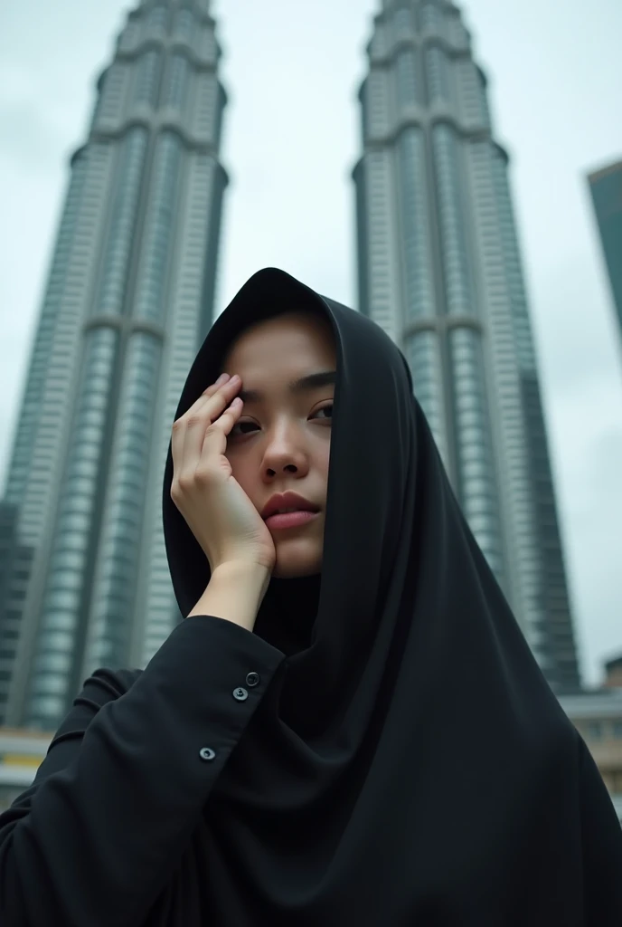 one girl wearing niqab,hand at face niqab,at klcc