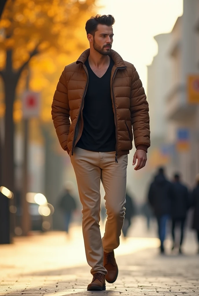 фото full length идущего по городу русского мужчины, Medium height, 35 years, walks along the sidewalk along the road, black hair, Sports figure, broad shoulders, a neat stylish hairstyle, wide cheekbones, smart casual look, brown lightweight quilted jacket,  black tight fit v-neck t-shirt, beige trousers, brown shoes, warm autumn, Early autumn, Sunny weather, walking through the city, looks ahead, Stylish look, Men's fashion, Men's style, thoughtful look, full length, free pose, dynamic pose, solar lighting, daylight, black hair, blunt bangs, Serious, expressionless, atmospheric perspective, bokeh, f/1.8, 85mm, Nikon, depth of field, uhd, masterpiece, accurate, anatomically correct, textured skin, super detail, high details, high quality, highres, 4K