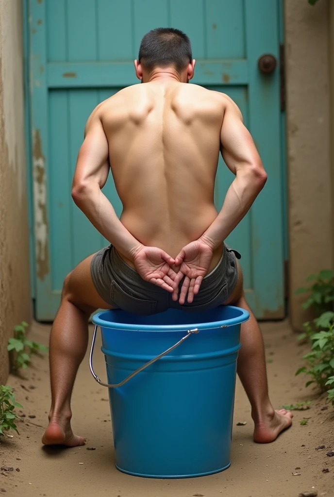 Man with his back turned with both hands towards his belly, pretending to pee in a blue bucket