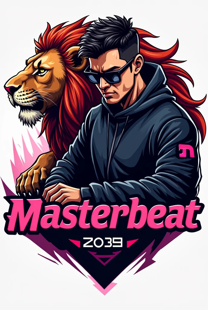  Logo with a male DJ saying MasterBeat wearing black glasses in the foreground and a lion in a battle pose behind him