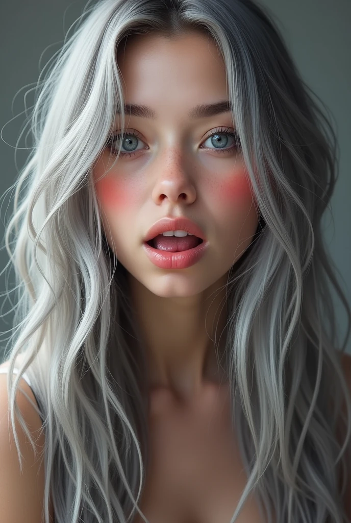 One girl, solo, Very long hair, Gray Hair, Blushing, Open your mouth, tongue, cum in mouth, like facial, cum in hair