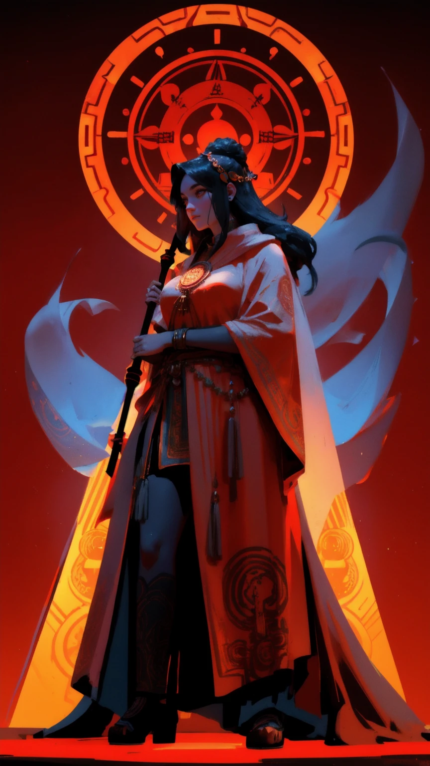Design a digital piece showcasing a large ape with glowing symbols on its body, amidst an ancient temple setting with intricate carvings. Position a female character in front, appearing as a guardian or priestess, with her attire and stance reflecting courage and mysticism, all enveloped in a dominant red theme.