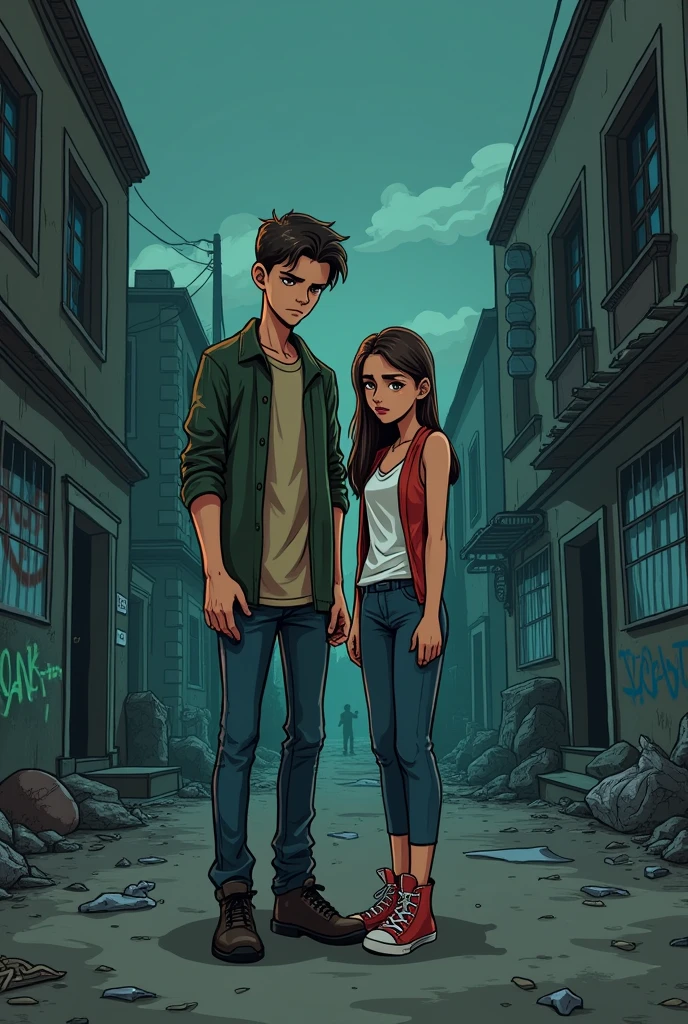 Young man with a lady in the gangster neighborhood sad cartoon