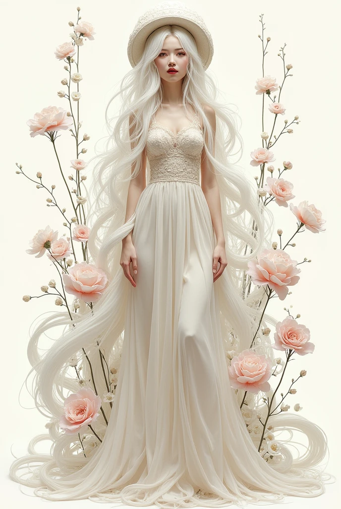 work of art, best qualityer, 1 girl, standing alone, far away_body hair, gazing_phi_viewer, white body hair, Eyes red, ssmile, bangss, overskirt, chemise, far away_sleeveless, hphi, don, 弓, containment, closed up_gura, flowers, volantes, body hair_flowers, petals, bouquet, containment_flowers, downtown_volantes, bonnet, containment_bouquet, tachi-e, whole body, white background,  