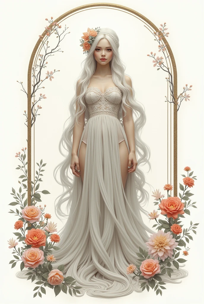 work of art, best qualityer, 1 girl, standing alone, far away_body hair, gazing_phi_viewer, white body hair, Eyes red, ssmile, bangss, overskirt, chemise, far away_sleeveless, hphi, don, 弓, containment, closed up_gura, flowers, volantes, body hair_flowers, petals, bouquet, containment_flowers, downtown_volantes, bonnet, containment_bouquet, tachi-e, whole body, white background,  