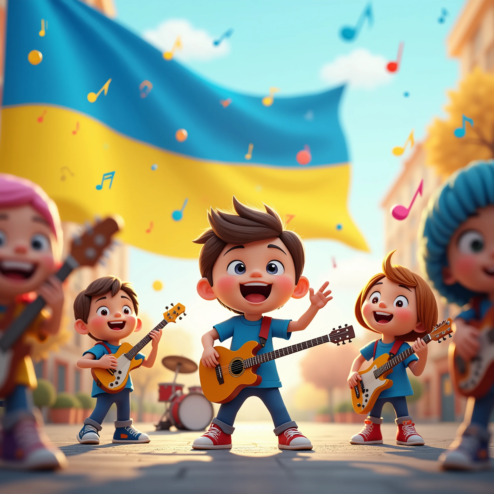 animated characters playing instruments, and one sings this song. the Ukrainian flag flies in the background