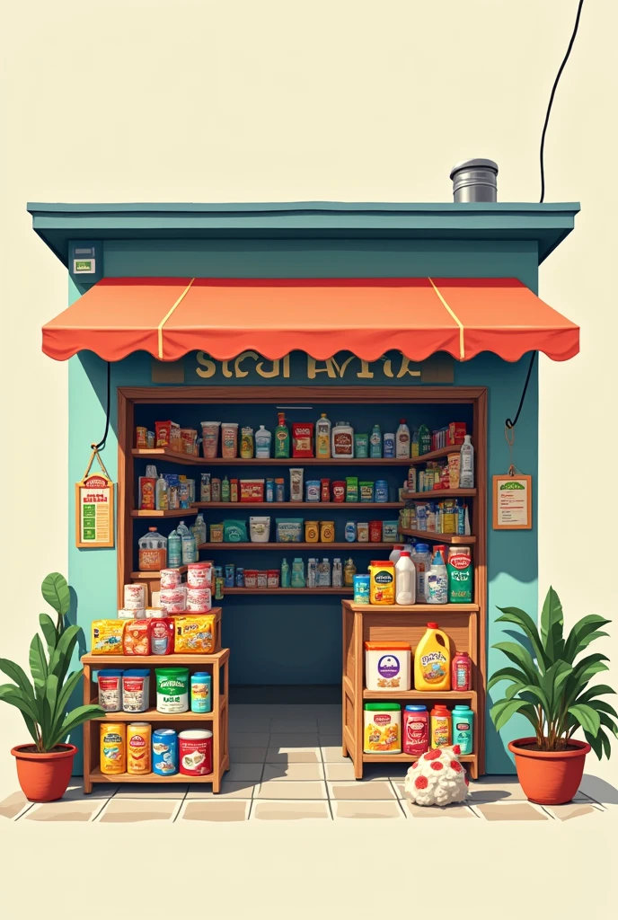 make a 2d small sari sari store, full of different items for sale. I want it very two dimensional. And no people is standing, just the store and the items alone