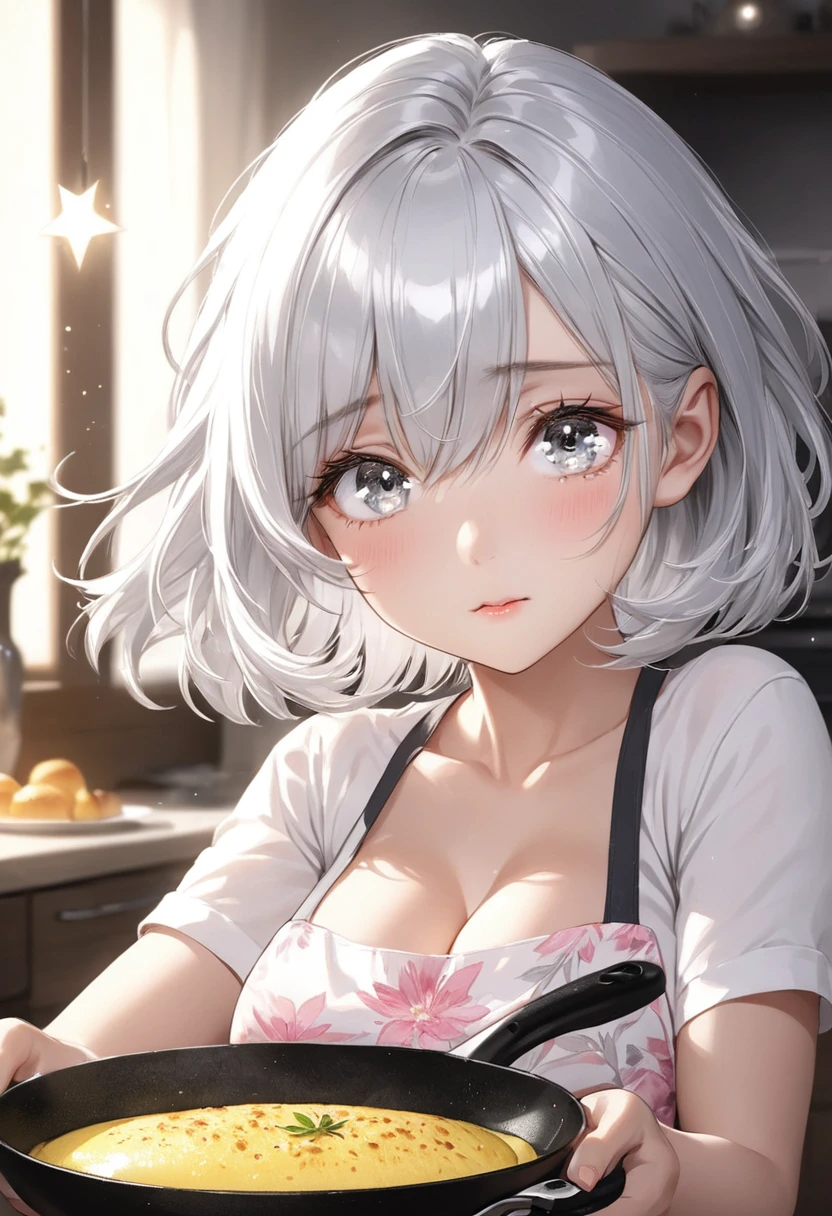 masterpiece, glowing particles, ambient lights, cute, full body detailed, 32K, high details, perfect lighting, perfect anatomy, soft light, BREAK ((shiny silver hair)), bob cut, bang between eyes, beautiful hair), (glossy silver eyes:1.5), (beautiful eyes, twinkle eyes, large eyes, close eyes), BREAK (athlete body, large breasts), cute face, beautiful face, pretty face, beautiful, best quality, good anatomy, long eyelashes, expressive eyes, Perfect Hands, BREAK pink botanical print apron, white shirt, short sleeves, morning, dining room, She is baking a classic french Omelets in a frying pan on the stovetop,