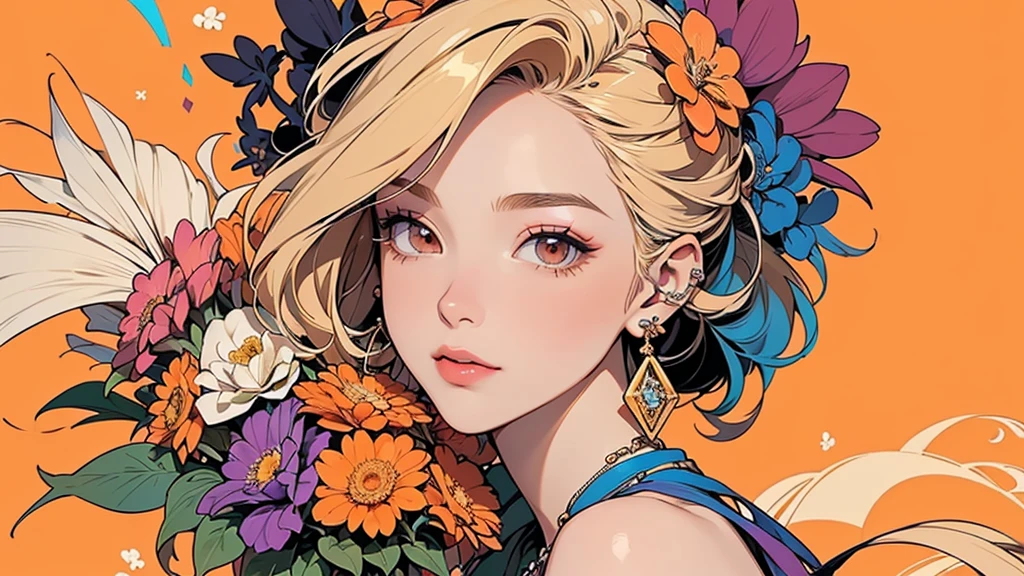 32K, 最高quality, 最高masterpiece, (ultra-Detailed Background, Detailed Background), High resolution, Super detailed, Very detailedな, 1 personの, (bouquet:1.3), (Tangled:1.2), (Geometric:1.2),(colorful),(masterpiece, quality, best quality, Official Art, Beautiful and beautiful:1.2), (1 person:1.3), Very detailed,(colorful:1.1)(Flowers:1.3),Most detailed,(Tangled:1.2), whole body, (Abstract background:1.3), (Skin glows), (Many colors:1.4), ,(Earrings Jewelry:1.5), Pale Orange Background, Gradation, It's imaginative., Flaxen Hair,