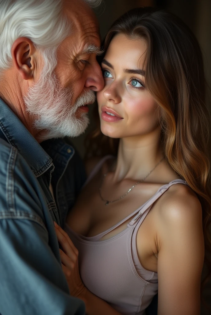   girl, old man  hugging girl body,Beautiful blue eyes, long sexy hair, ((being seduced and fondled on her small breasts by an elderly man)),  old man, kising old man