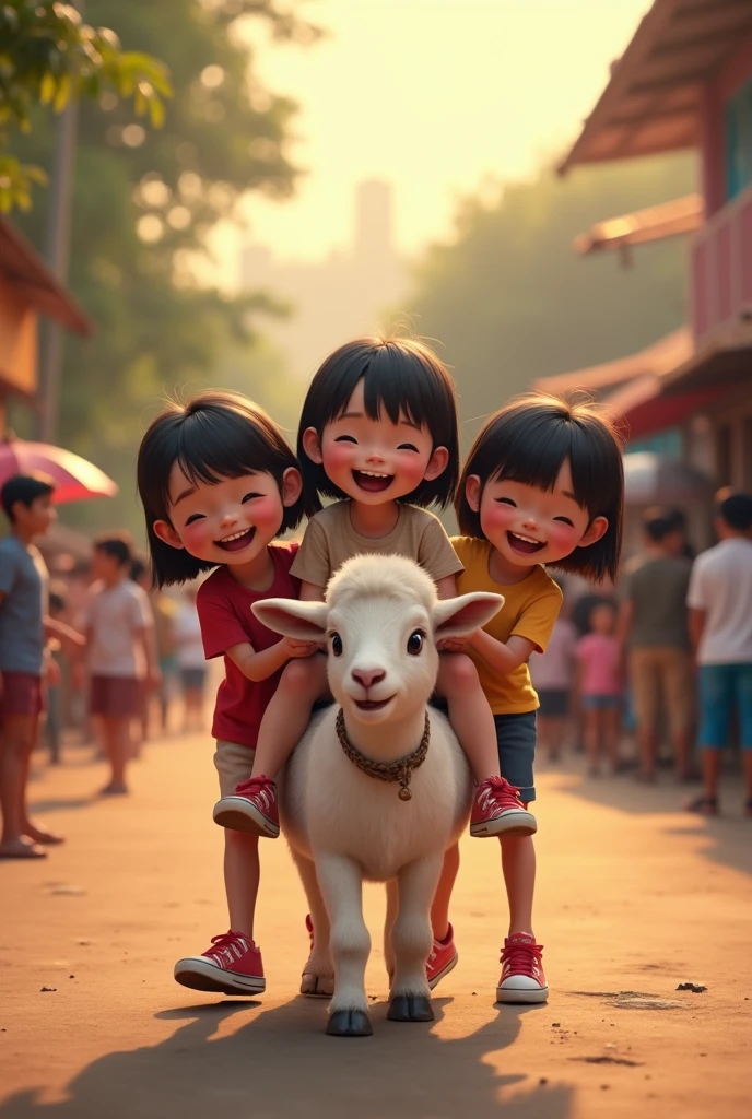 3 cute and beautiful Indonesian little girls, straight hair, wear a t-shirt, Shorts, wear sneakers, laughing face while riding a goat, evening atmosphere, on the village road there are many people behind, ultra details, minim diffect, hd ultra images