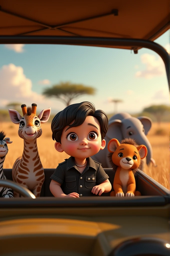  boy safari dress black wavy side part hair, round dark eyes with eyelashes big full mouth in a Jeep car for Safari with a baby zebra a babyn a baby giraffe and a baby elephant Pixar 3d 