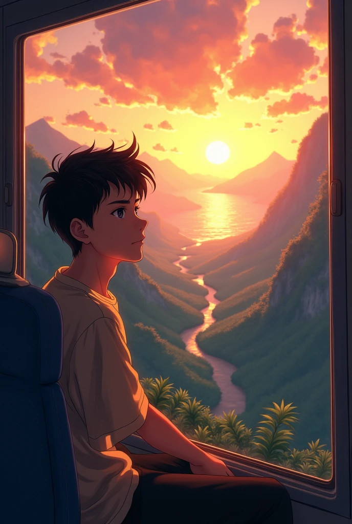 The overthinking boy age 23 sit in bus and seeing the outside to the window form bus in high altitude point mountain view sunet realistic Anime jungle and sea motivation