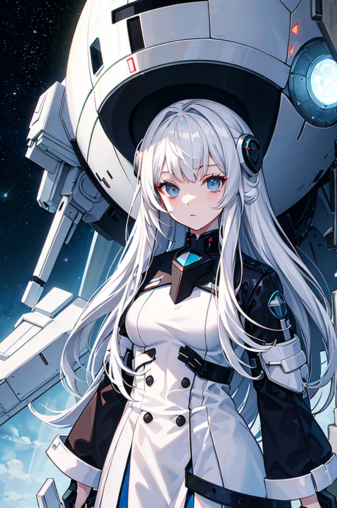 White hair，Girl，Space battleship，Gloomy environment，Masterpiece，high quality