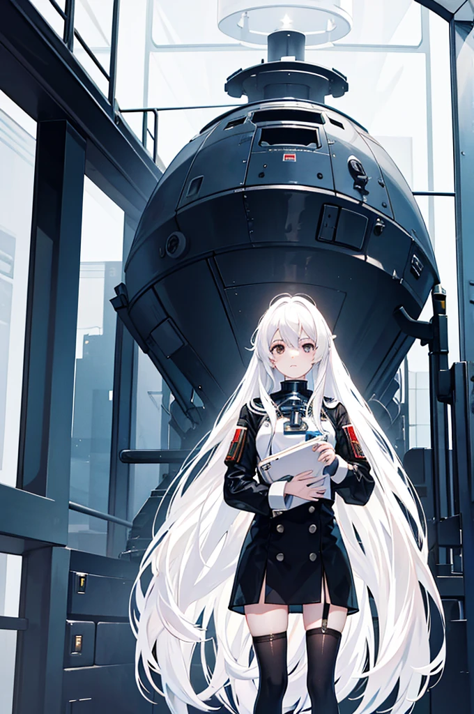 White hair，Girl，Space battleship，Gloomy environment，Masterpiece，high quality