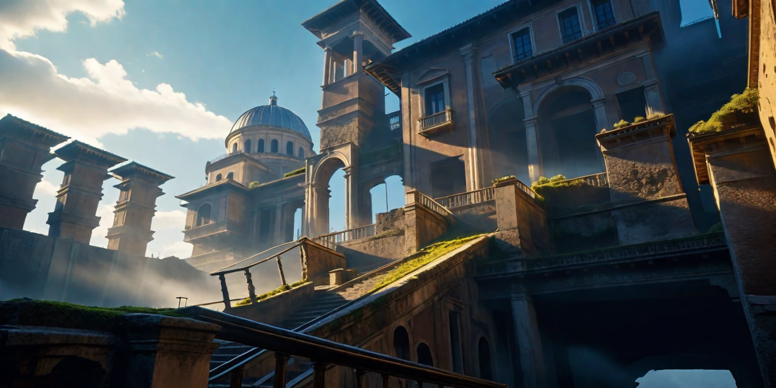 Anime Aesthetics, 动漫landscape, 景观landscape, (Yellow Tones, Blue tint,金色和红色的architecture,Colorful picture:1.7),elden ring movie lighting, Inspired by Elden Ring,Global Illumination, Bright soft light, Detailed and complex environments,古architecture, Rome style, Rocks floating in the air, Crumbling city, Megastructures, Moments before the Battle, dust in the air, Epic scenes, atmospheric opinion, Wide-angle lens, From below, From the outside, high resolution, 8K, best quality, Super Detail, The award-winning, masterpiece,unmanned, landscape, architecture, outdoor, stairs, window, railing,