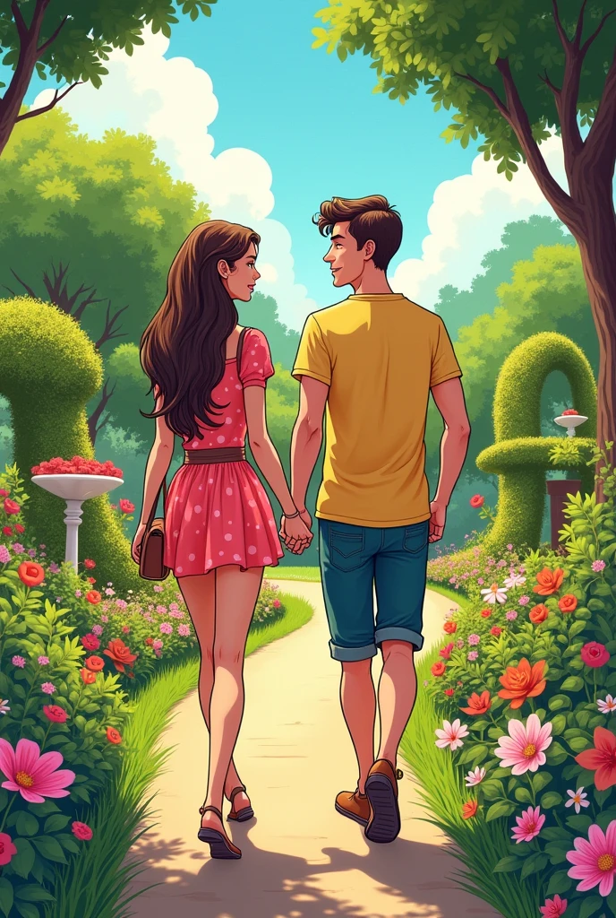 2 couple walking in the garden, comic style, highly detailed 