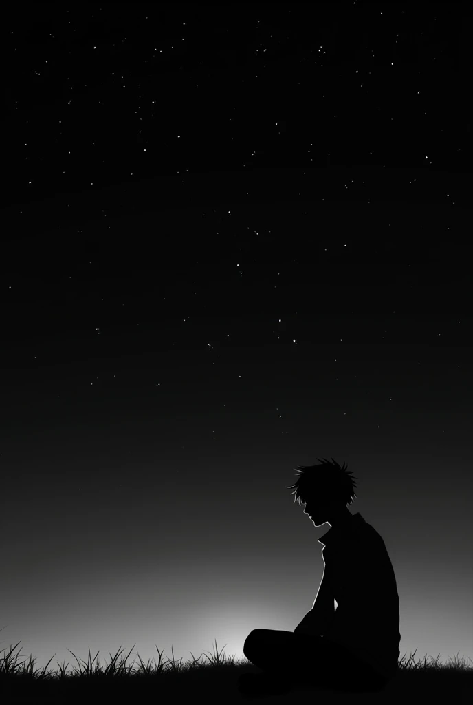 anime drawing male shadow sitting in the lower right corner under the black and white stars